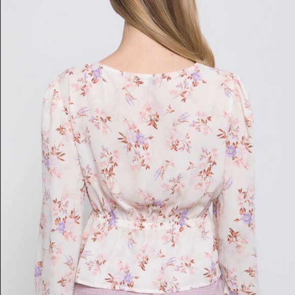 NWOT Large White Long Sleeve Plunge V-Neck Floral Peplum Puff Sleeve Blouse - Picture 3 of 16